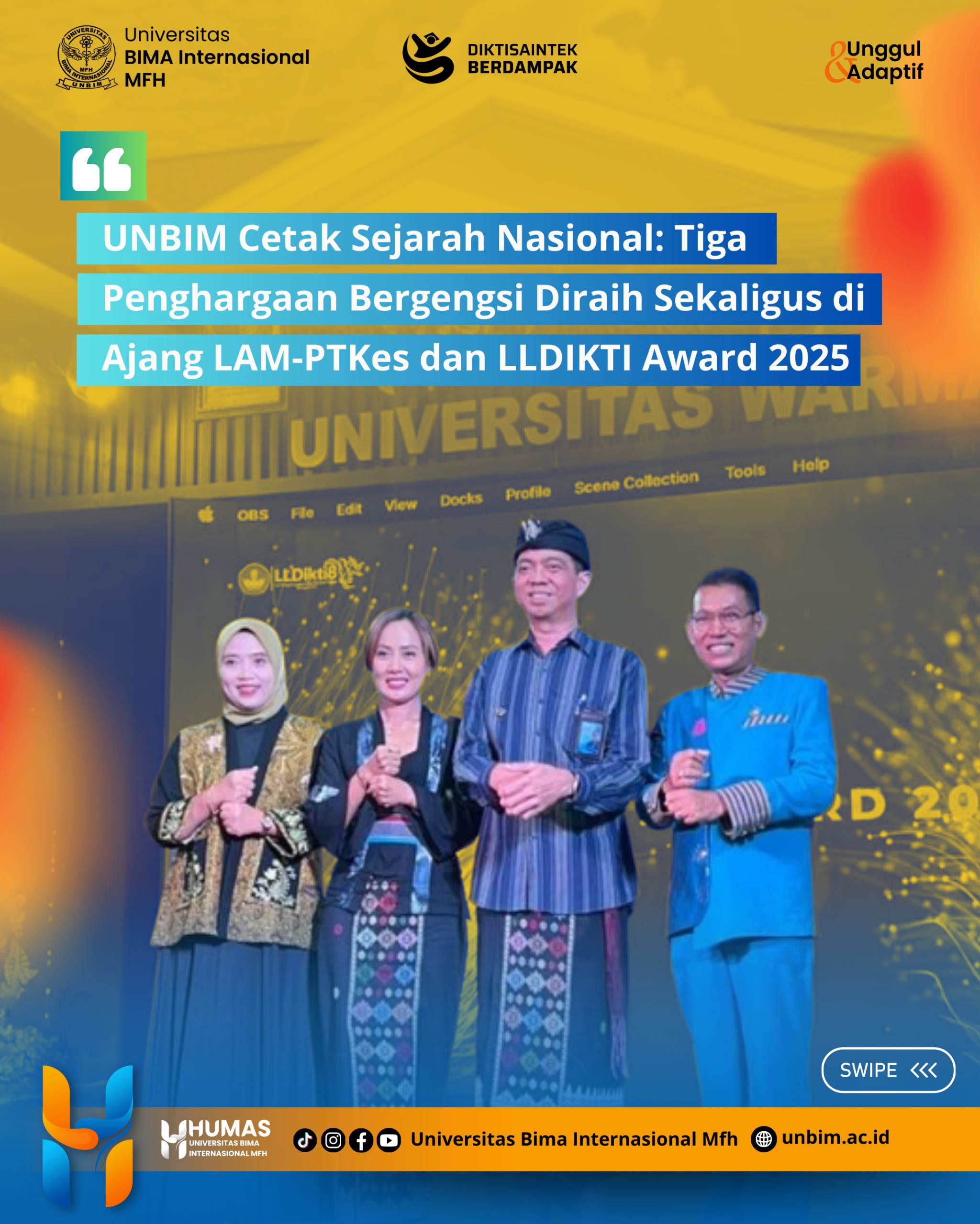 You are currently viewing UNBIM Mataram Cetak Sejarah Nasional: Raih Tiga Penghargaan Bergengsi Sekaligus di Ajang LAM-PTKes dan LLDIKTI 8 Award 2025