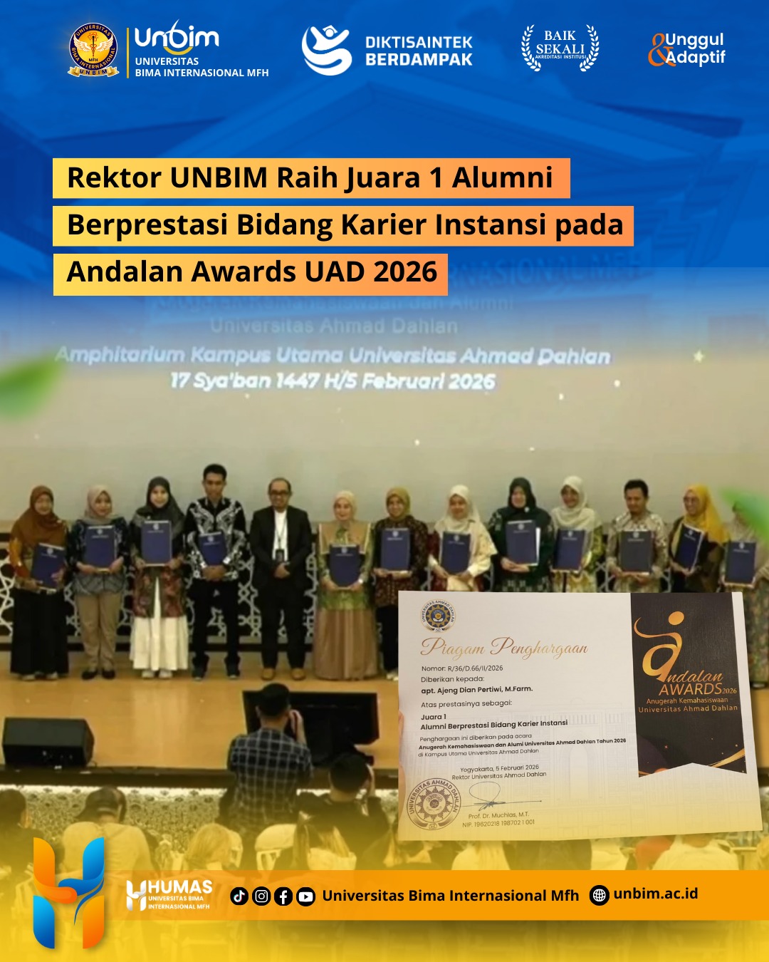 You are currently viewing Rektor UNBIM Raih Juara 1 Alumni Berprestasi Bidang Karier Instansi pada Andalan Awards UAD 2026