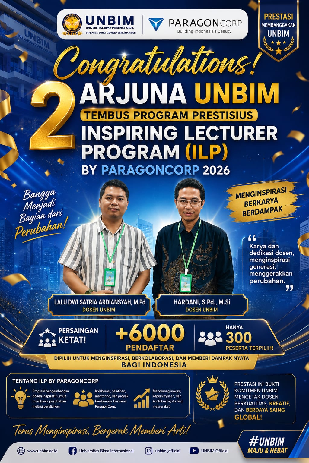You are currently viewing Congratulations! 2 ARJUNA UNBIM Tembus Inspiring Lecturer Program (ILP) by ParagonCorp 2026
