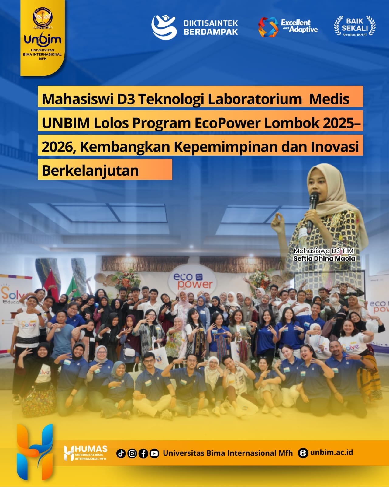You are currently viewing Mahasiswi D3 Analis Kesehatan UNBIM Lolos Program EcoPower Lombok 2025–2026, Kembangkan Kepemimpinan dan Inovasi Berkelanjutan