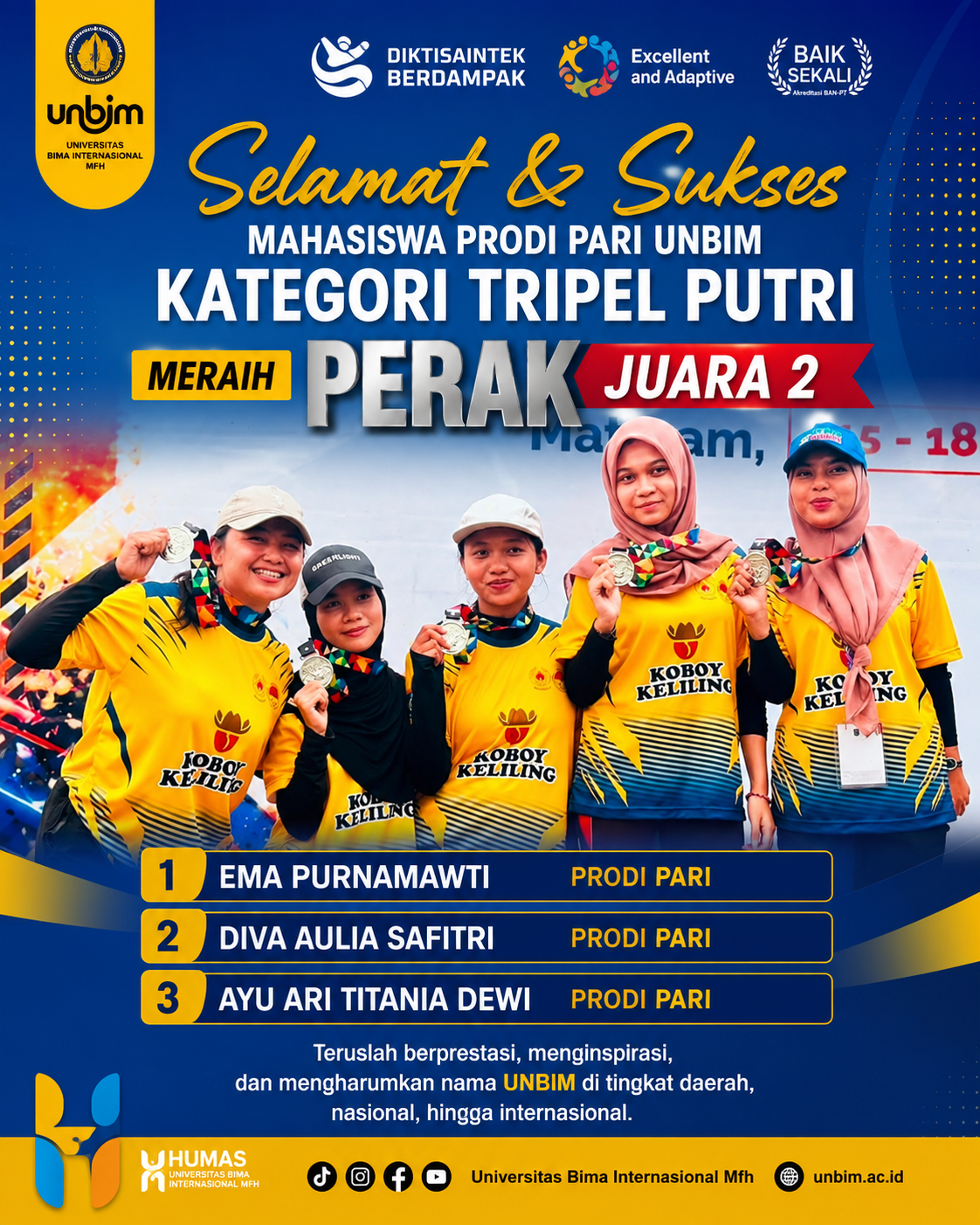 You are currently viewing Mahasiswi Prodi PARI UNBIM Raih Medali Perak Kategori Tripel Putri pada PORPROV NTB XII 2026