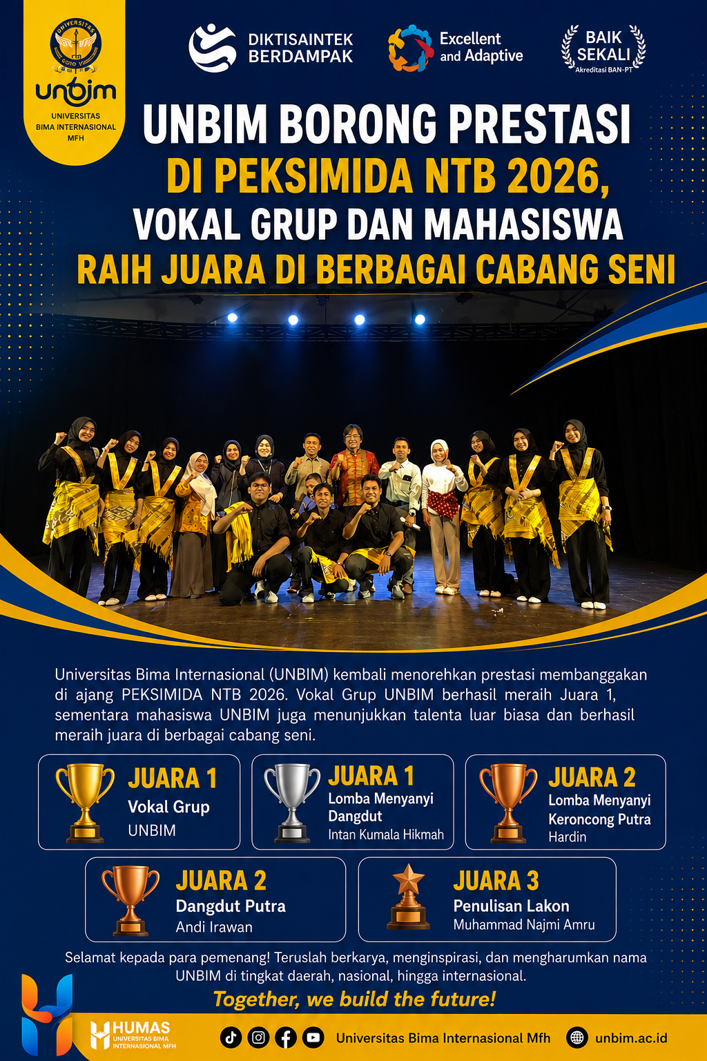You are currently viewing UNBIM Borong Prestasi di PEKSIMIDA NTB 2026, Vokal Grup dan Mahasiswa Raih Juara di Berbagai Cabang Seni