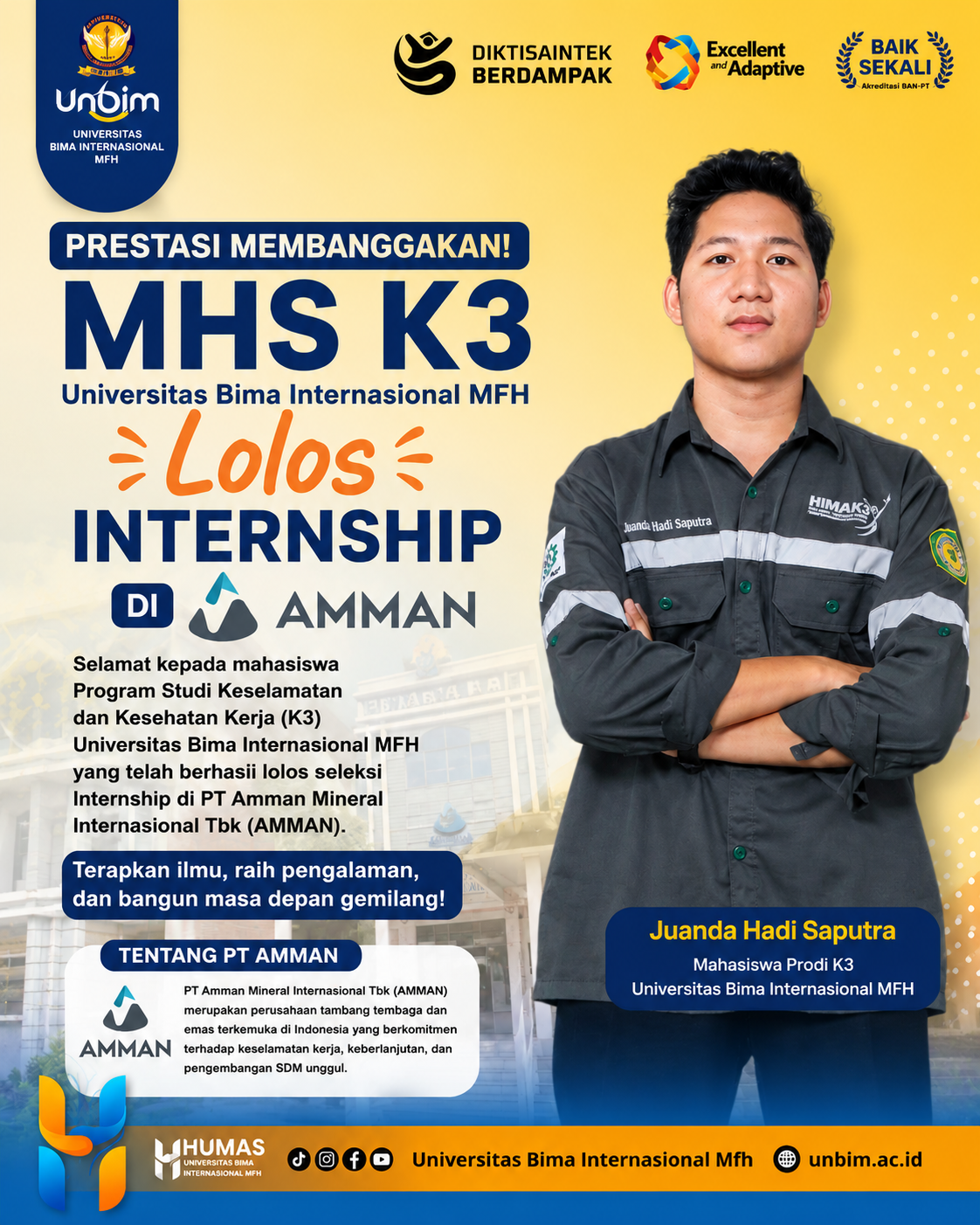 You are currently viewing Prestasi Membanggakan Mahasiswa K3 UNBIM, Lolos Program Internship di PT AMMAN