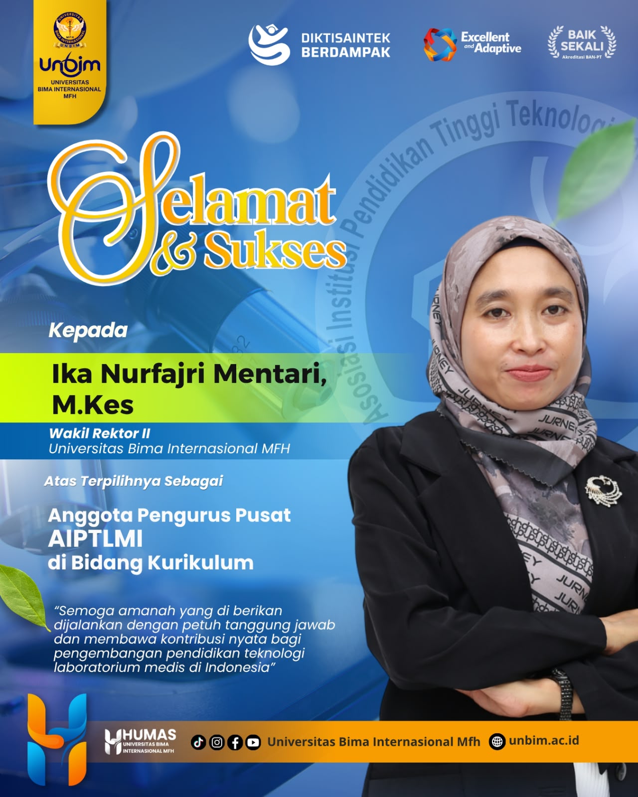 You are currently viewing UNBIM Apresiasi Ika Nurfajri Mentari, M.Kes atas Terpilihnya sebagai Anggota Pengurus Pusat AIPTLMI Bidang Kurikulum